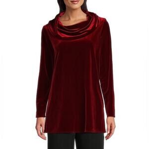 Caroline Rose Stretch Velvet Knit Cowl Neck Long Sleeve Tunic Red Size M
